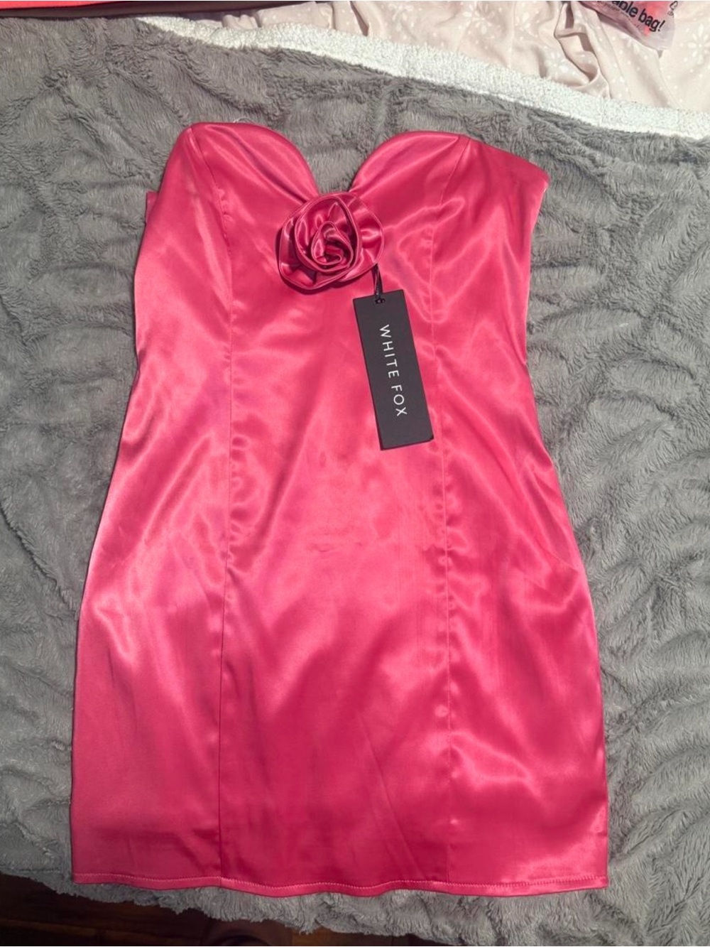 White Fox Boutique Hot Pink Strapless Satin Mini Dress with Rosette Detail